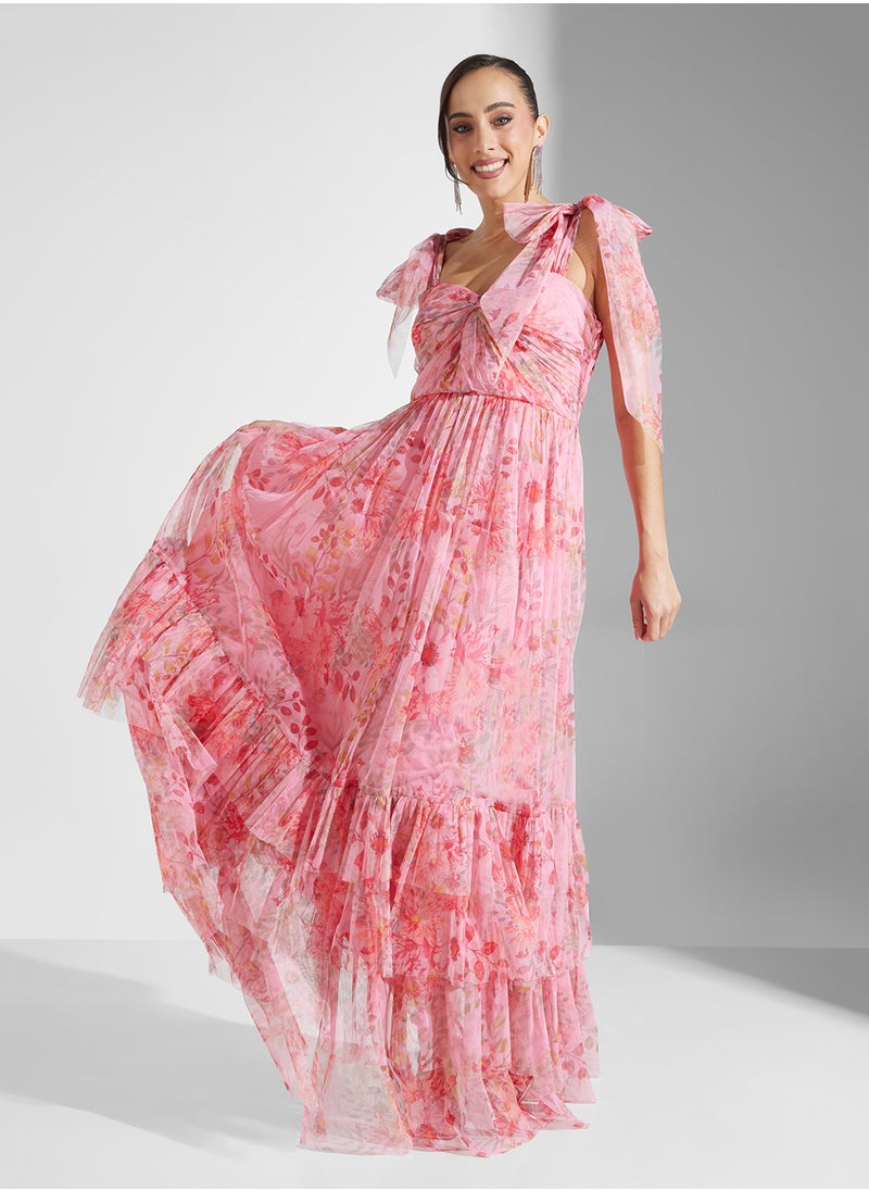 Floral Print Sweetheart Neck Tiered Dress