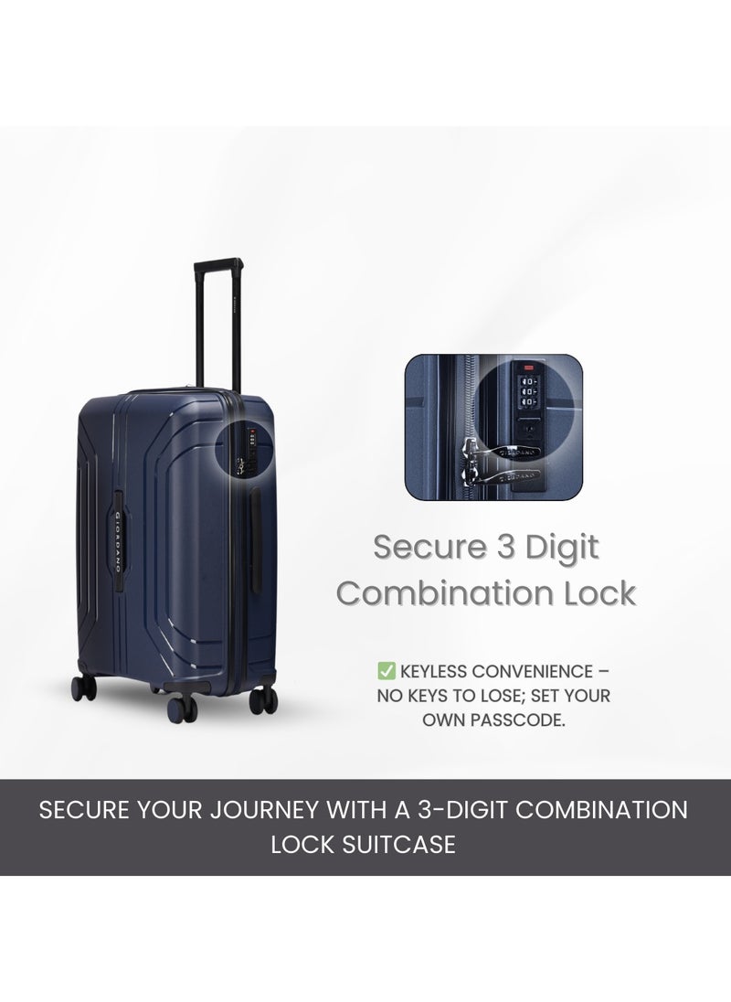 Giordano Luggage Sets of 3 Hard Shell PP Durable Lightweight Carry on Travel Suitcase with Double Spinner Wheels, Secure Combination Lock Trolley Bag, Unbreakable Hardcase Suitcase Set Navy (S+M+L)