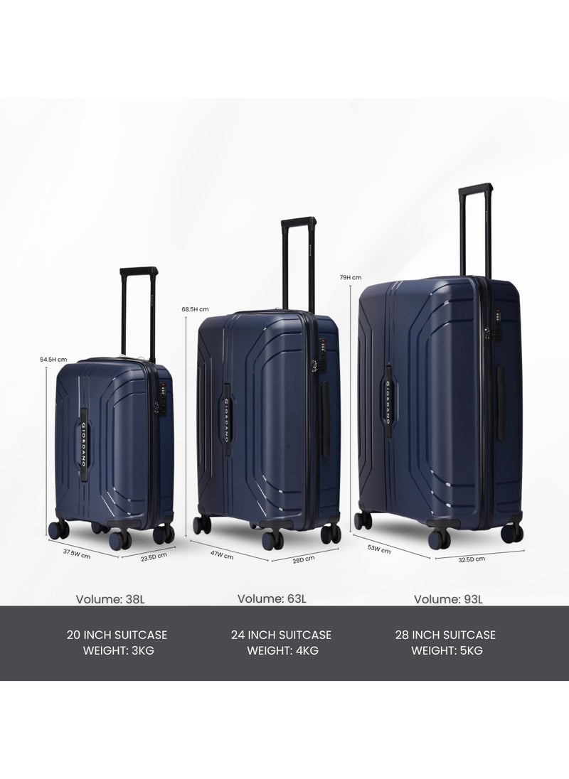 Giordano Luggage Sets of 3 Hard Shell PP Durable Lightweight Carry on Travel Suitcase with Double Spinner Wheels, Secure Combination Lock Trolley Bag, Unbreakable Hardcase Suitcase Set Navy (S+M+L)