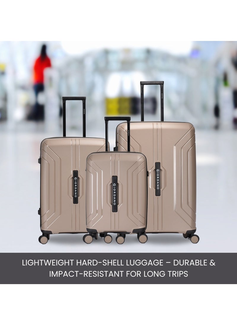 Giordano Luggage Sets of 3 Hard Shell PP Durable Lightweight Carry on Travel Suitcase with Double Spinner Wheels, Secure Combination Lock Trolley Bag, Unbreakable Hardcase Suitcase Set Beige (S+M+L)