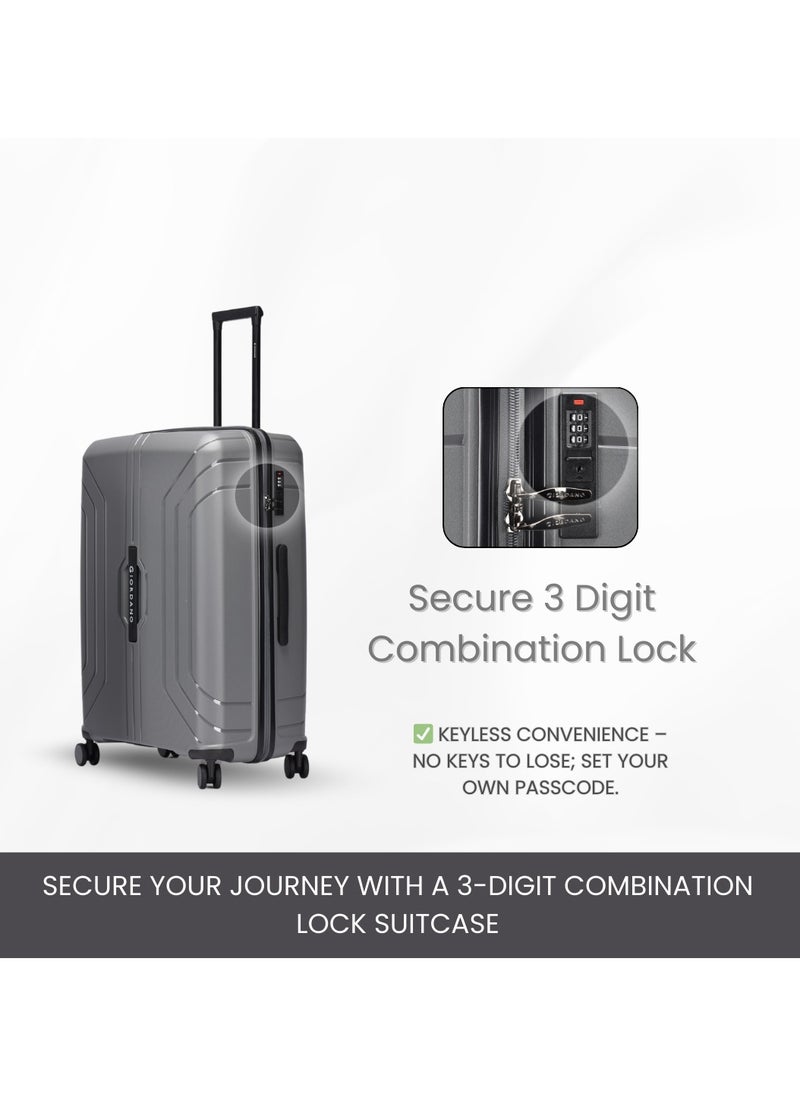 Giordano Luggage Sets of 3 Hard Shell PP Durable Lightweight Carry on Travel Suitcase with Double Spinner Wheels, Secure Combination Lock Trolley Bag, Unbreakable Hardcase Suitcase Set Grey (S+M+L)