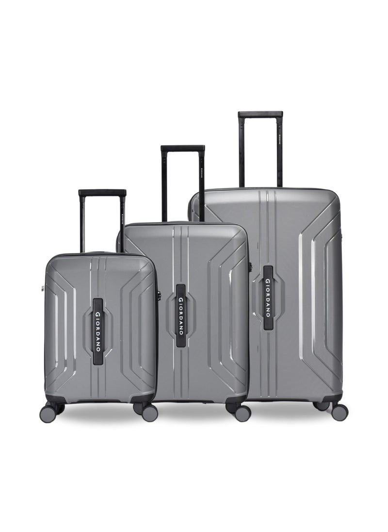 Giordano Luggage Sets of 3 Hard Shell PP Durable Lightweight Carry on Travel Suitcase with Double Spinner Wheels, Secure Combination Lock Trolley Bag, Unbreakable Hardcase Suitcase Set Grey (S+M+L)