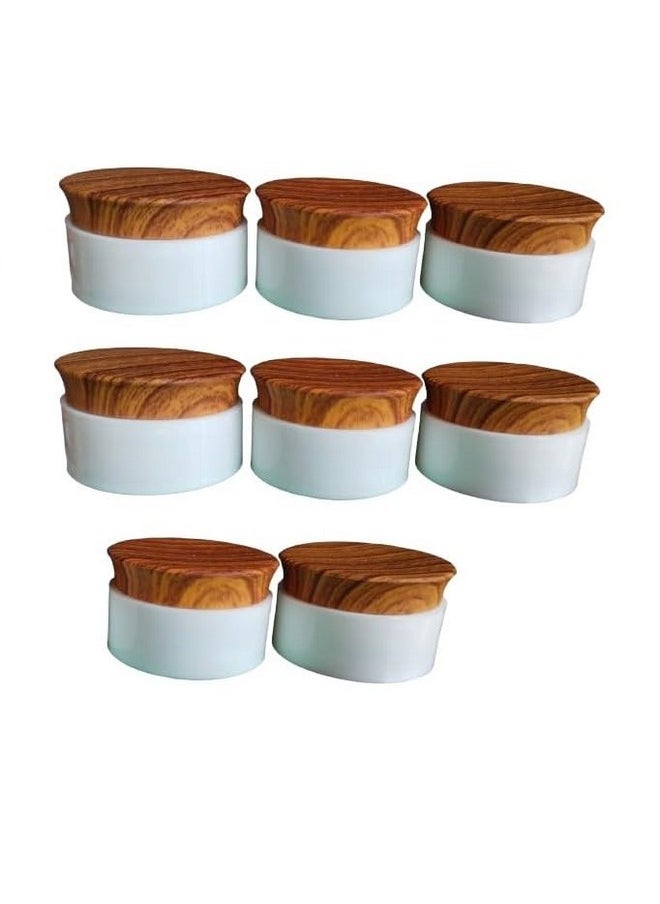 SHREE MAHA 25gm Double Wall Empty Cream Container - Thick Plastic Jar with Foam Lined Lid for Eyeshadow, Makeup, Cosmetic Samples - Pack of 8 [Wooden/White]