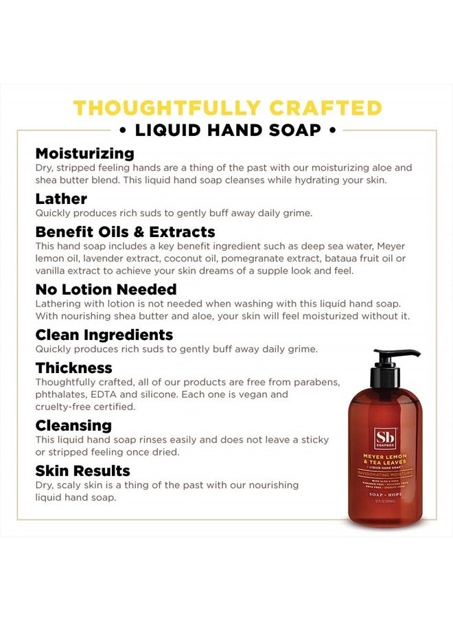 Liquid Hand Soap, Meyer Lemon & Tea Leaves - Gentle, Moisturizing Hand Cleanser, Vegan, Cruelty Free Hand Soap for Bathroom and Kitchen, 12oz Pump Bottles (Pack of 3)