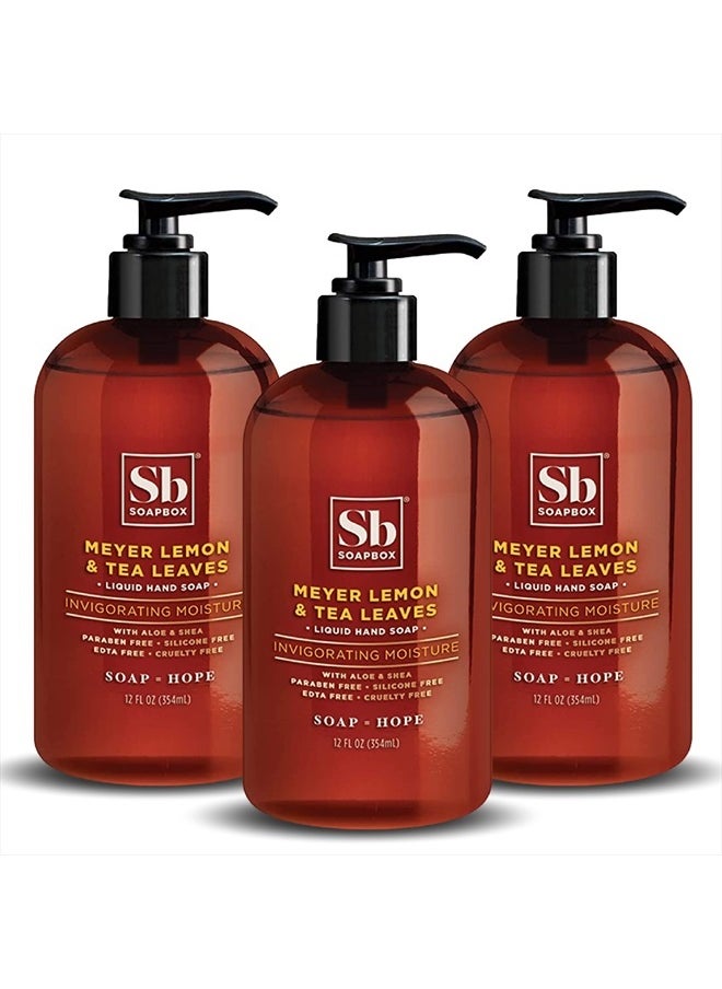 Liquid Hand Soap, Meyer Lemon & Tea Leaves - Gentle, Moisturizing Hand Cleanser, Vegan, Cruelty Free Hand Soap for Bathroom and Kitchen, 12oz Pump Bottles (Pack of 3)