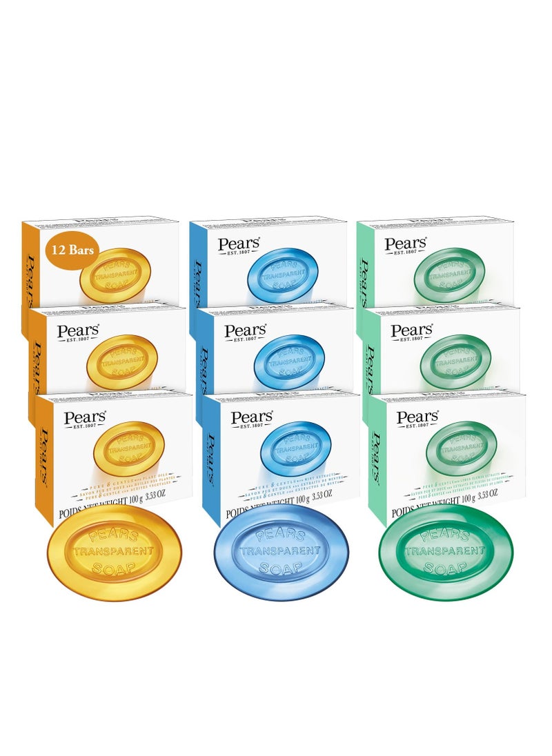 Pears Glycerin Soap Variety 12-Pack – Transparent Amber, Blue & Green Bars for Soft, Glowing Skin, 3.53 Oz Ea