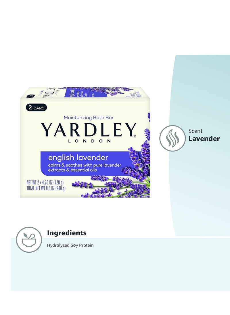 Yardley London Nourishing Bath Soap Bar English Lavender, Calms & Soothes with Pure Lavender Extracts & Essential Oils 4.0 oz Bath Bar, 2 Soap Bars