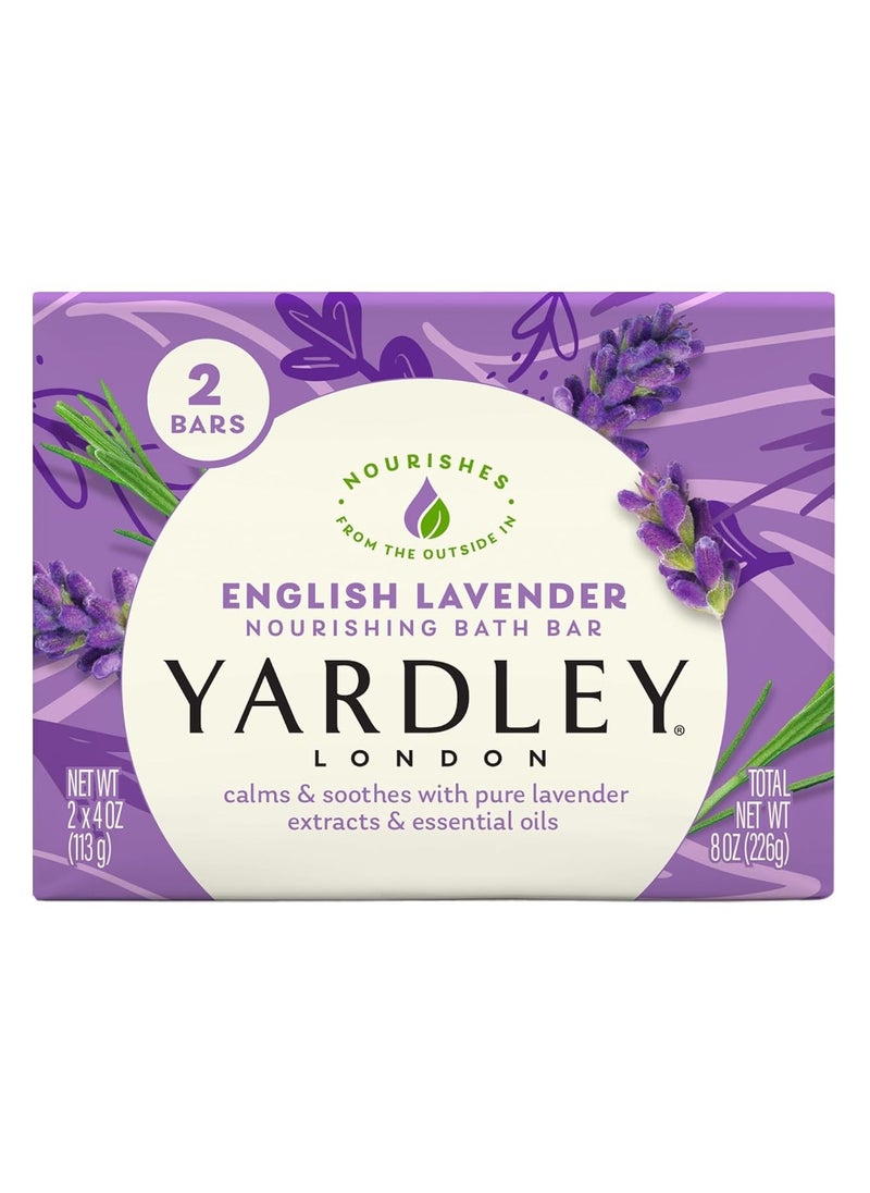 Yardley London Nourishing Bath Soap Bar English Lavender, Calms & Soothes with Pure Lavender Extracts & Essential Oils 4.0 oz Bath Bar, 2 Soap Bars