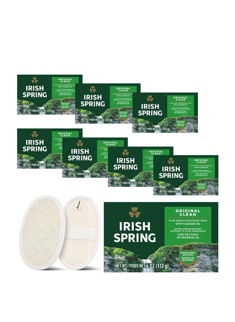 Irish Spring Soap for Men, Original Clean Men Irish Spring Bar Soap for Washing Hands and Body, Mild for Skin, 4 Ounce each, Plus 1 Loofah Sponge Pad (8Pack, original)