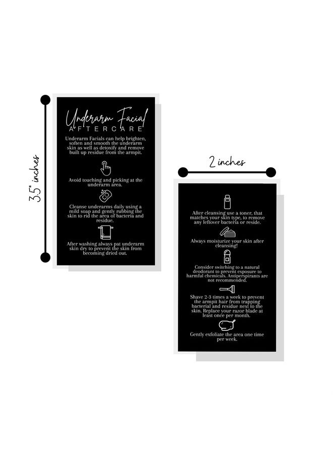 Underarm Facial Aftercare Instruction Cards | 50 Pack | 2x3.5” in Business Card | Facial Supplies | For Estheticians Using Underarm Brightening Serum for Underarm Facials | Black and White Design