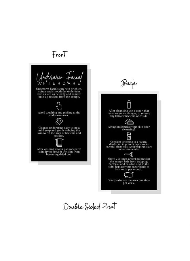 Underarm Facial Aftercare Instruction Cards | 50 Pack | 2x3.5” in Business Card | Facial Supplies | For Estheticians Using Underarm Brightening Serum for Underarm Facials | Black and White Design