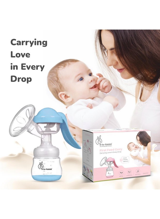 R for Rabbit First Feed Cozy Manual Breast Pump for Mothers with 2 Level Suction Adjustment, Soft and Gentle Silica Pad, Anti-Back Flow Compact Design, 1 Year Warranty (Blue)