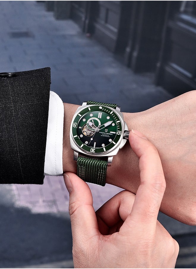 New Men's Mechanical Automatic Watches, Stainless Steel Frame, Equipped With Sapphire Glass Surface, Imported NH39 Movement, Silver-Green Dial With Green Nylon Strap, Fashionable And Luxurious PD1736