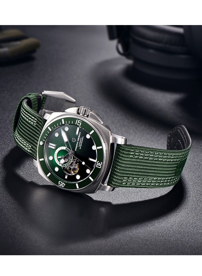 New Men's Mechanical Automatic Watches, Stainless Steel Frame, Equipped With Sapphire Glass Surface, Imported NH39 Movement, Silver-Green Dial With Green Nylon Strap, Fashionable And Luxurious PD1736