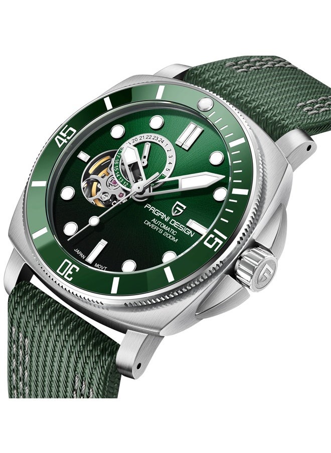 New Men's Mechanical Automatic Watches, Stainless Steel Frame, Equipped With Sapphire Glass Surface, Imported NH39 Movement, Silver-Green Dial With Green Nylon Strap, Fashionable And Luxurious PD1736