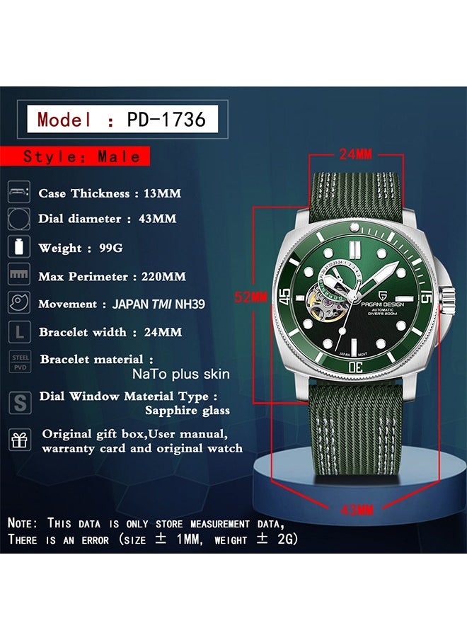 New Men's Mechanical Automatic Watches, Stainless Steel Frame, Equipped With Sapphire Glass Surface, Imported NH39 Movement, Silver-Green Dial With Green Nylon Strap, Fashionable And Luxurious PD1736