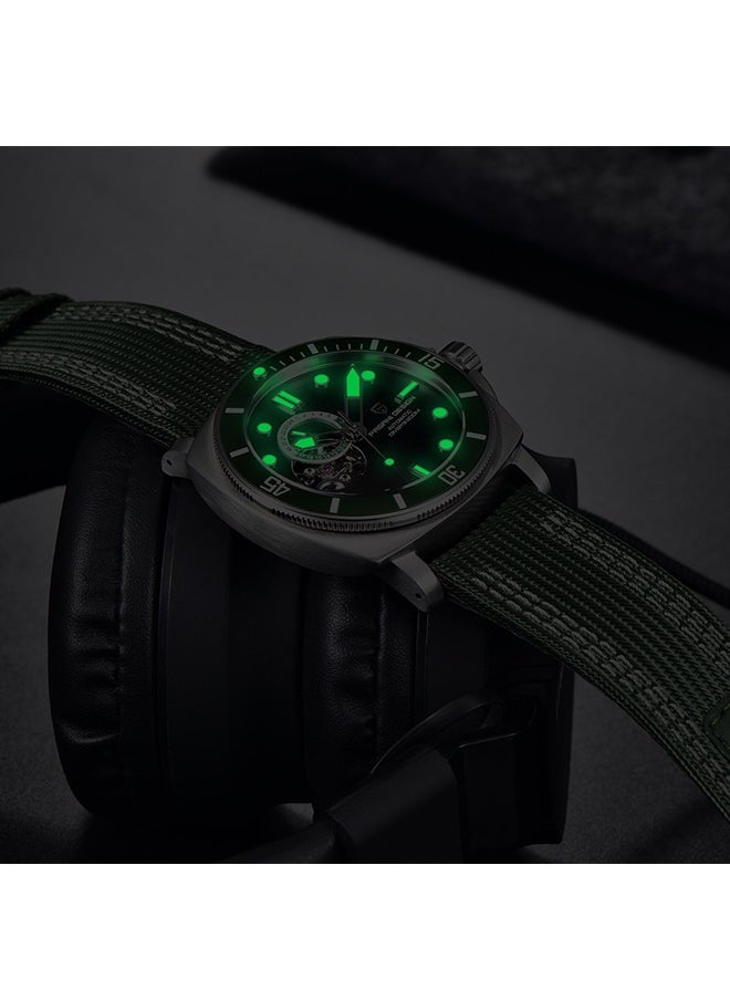 New Men's Mechanical Automatic Watches, Stainless Steel Frame, Equipped With Sapphire Glass Surface, Imported NH39 Movement, Silver-Green Dial With Green Nylon Strap, Fashionable And Luxurious PD1736