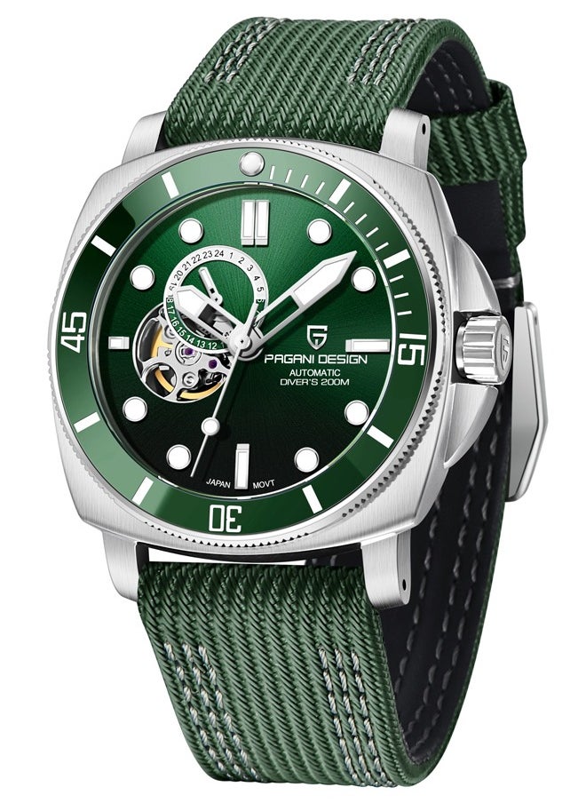 New Men's Mechanical Automatic Watches, Stainless Steel Frame, Equipped With Sapphire Glass Surface, Imported NH39 Movement, Silver-Green Dial With Green Nylon Strap, Fashionable And Luxurious PD1736
