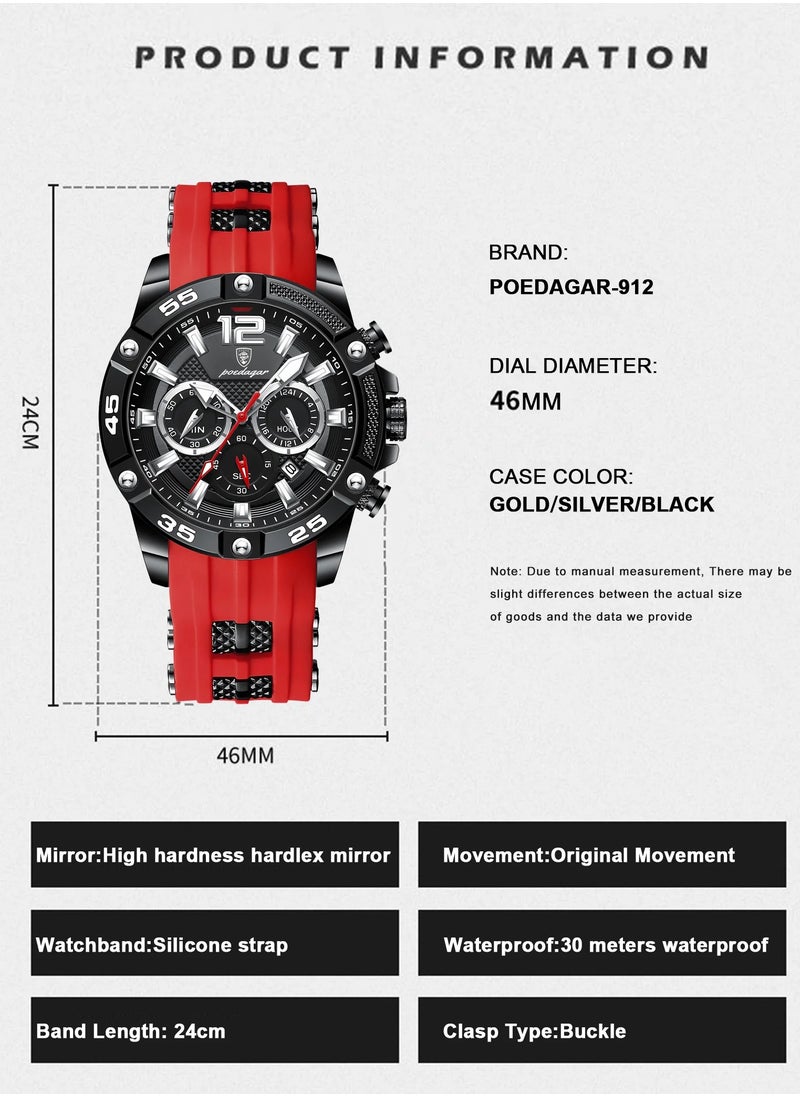 Man Watch,Multifunction Waterproof Sports Watch, Luminous Quartz Watch Silicone Strap 46mm