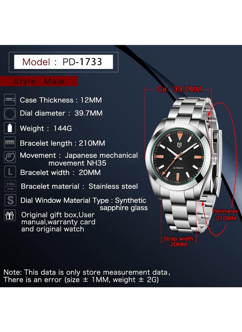 New Men's Mechanical Watches, 39.7MM Metal Frame, Imported NH35 Movement, Silver-Black Watch Head, Sapphire Glass Surface, Stainless Steel Silver Strap PD1733