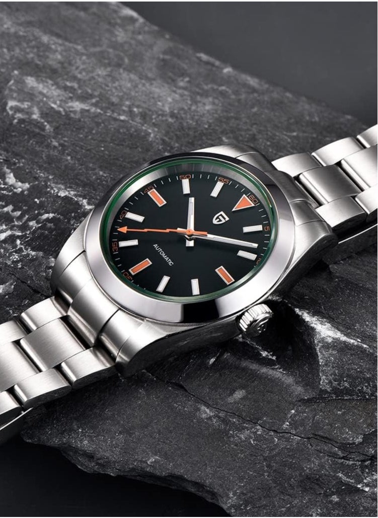 New Men's Mechanical Watches, 39.7MM Metal Frame, Imported NH35 Movement, Silver-Black Watch Head, Sapphire Glass Surface, Stainless Steel Silver Strap PD1733