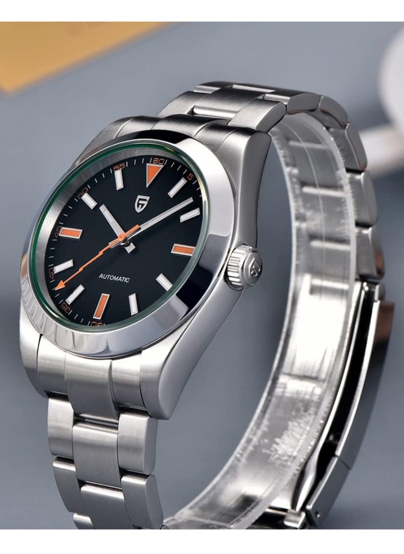 New Men's Mechanical Watches, 39.7MM Metal Frame, Imported NH35 Movement, Silver-Black Watch Head, Sapphire Glass Surface, Stainless Steel Silver Strap PD1733