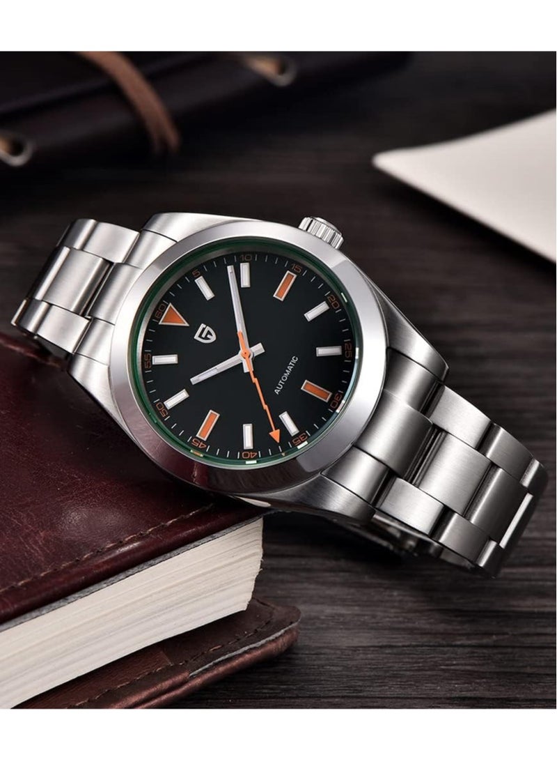 New Men's Mechanical Watches, 39.7MM Metal Frame, Imported NH35 Movement, Silver-Black Watch Head, Sapphire Glass Surface, Stainless Steel Silver Strap PD1733