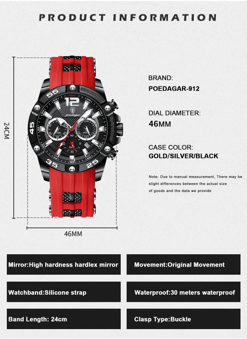 Man Watch,Multifunction Waterproof Sports Watch, Luminous Quartz Watch Silicone Strap 46mm