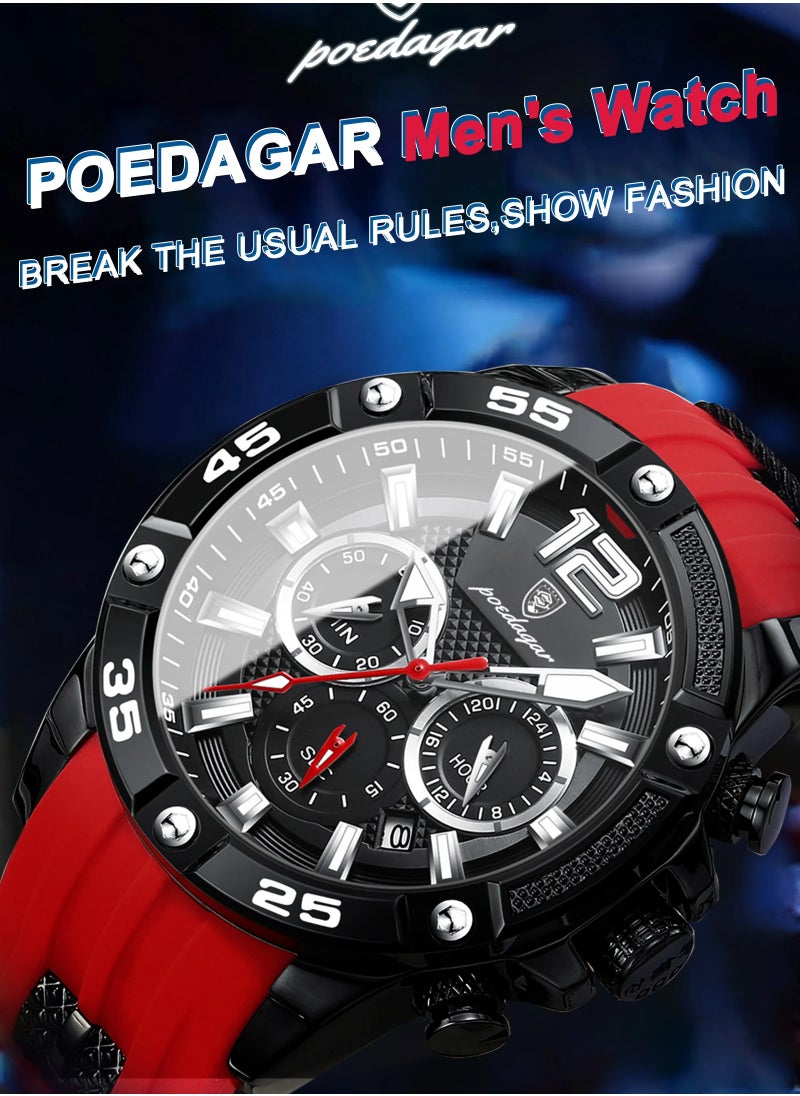 Man Watch,Multifunction Waterproof Sports Watch, Luminous Quartz Watch Silicone Strap 46mm