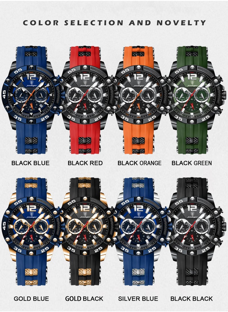 Man Watch,Multifunction Waterproof Sports Watch, Luminous Quartz Watch Silicone Strap 46mm