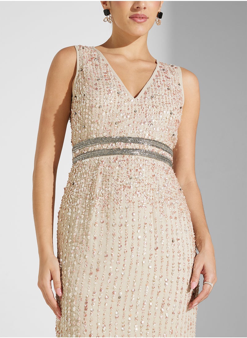 Embellished V Neck Dress