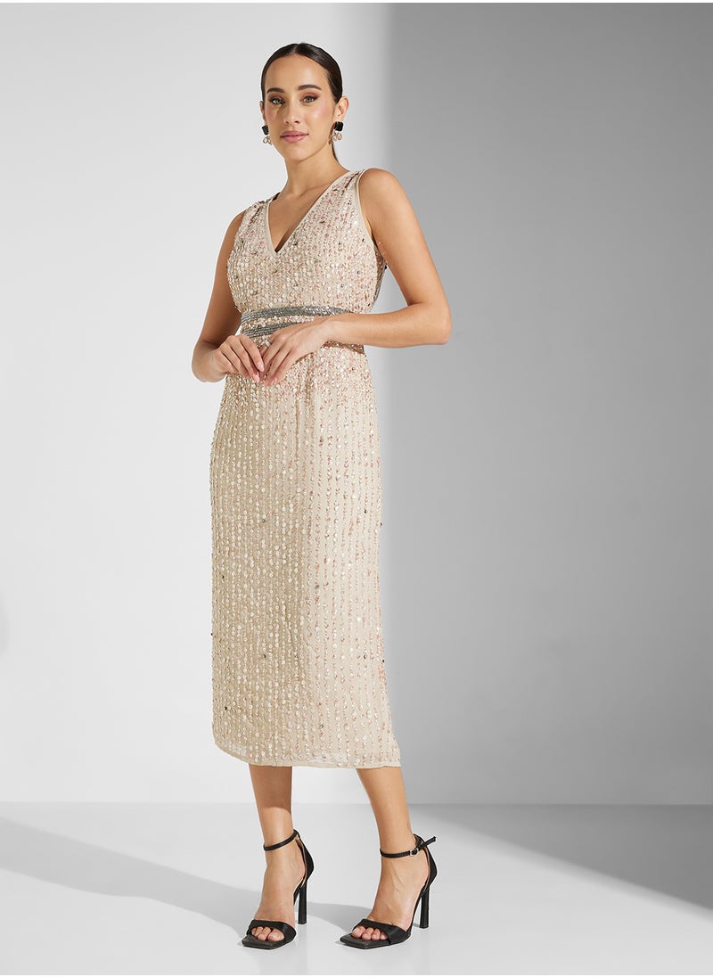 Embellished V Neck Dress