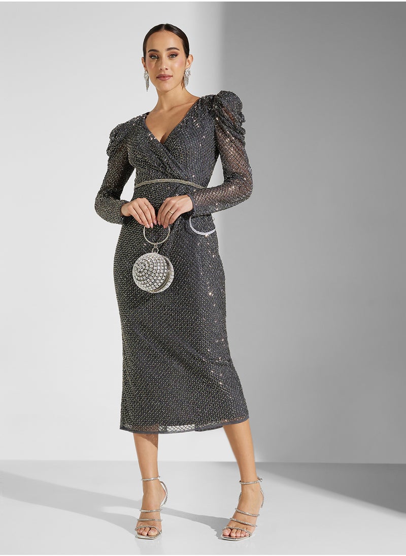 V-Neck Embellished Belted Dress