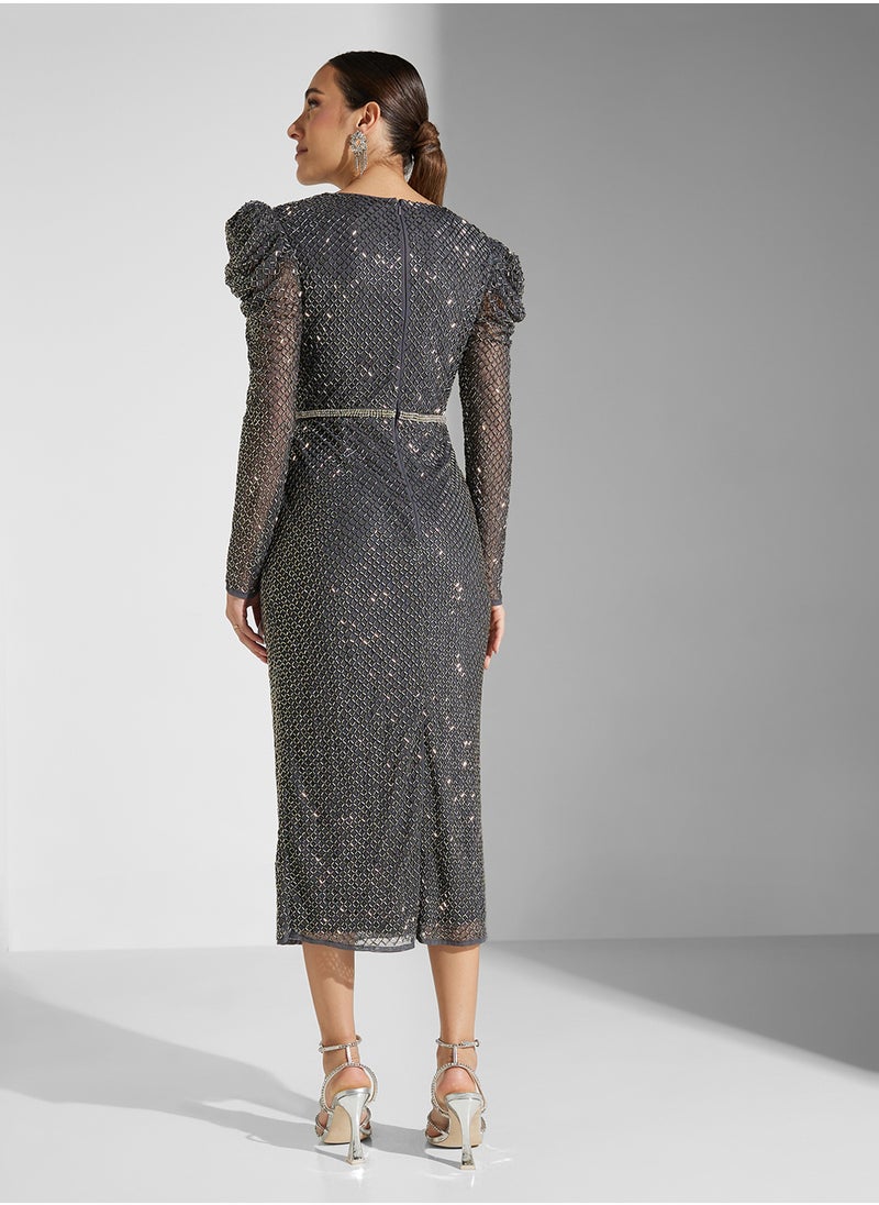 V-Neck Embellished Belted Dress