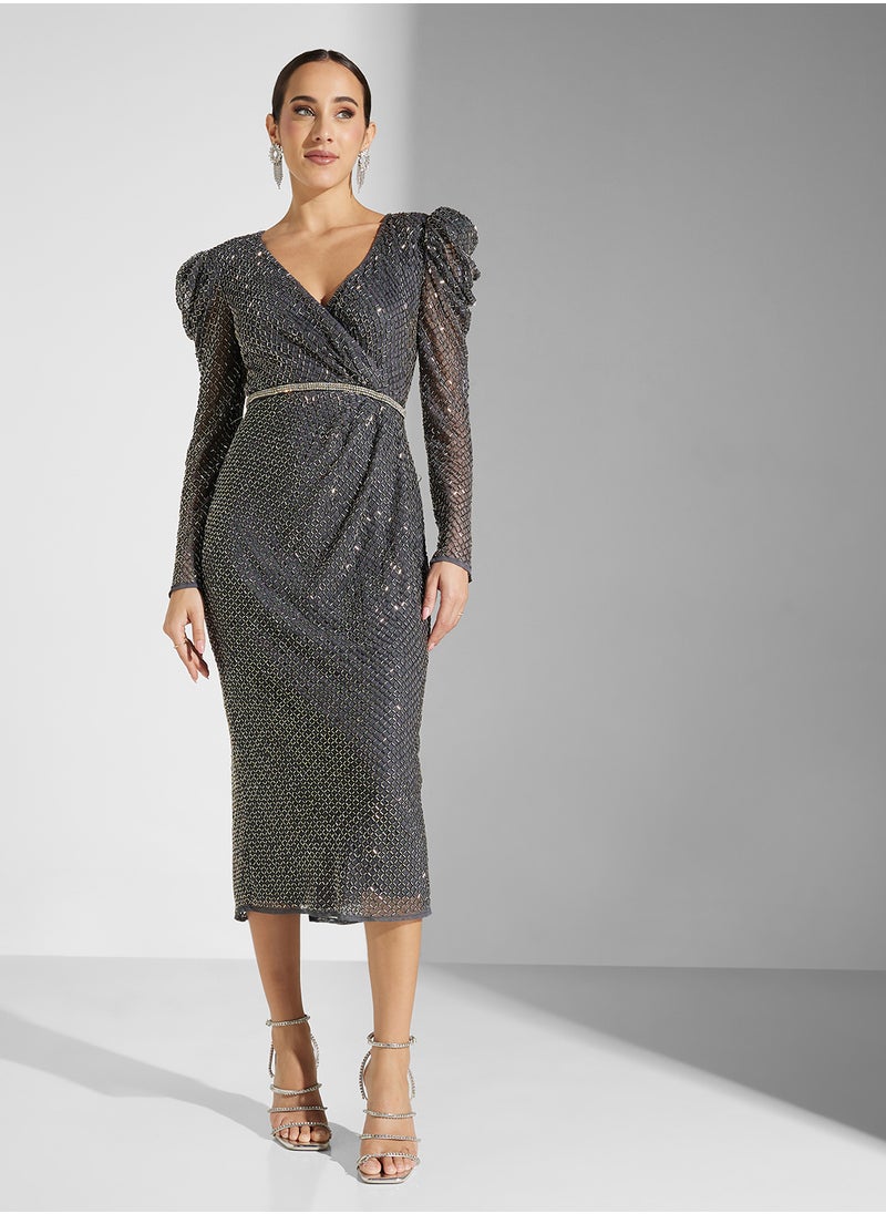 V-Neck Embellished Belted Dress