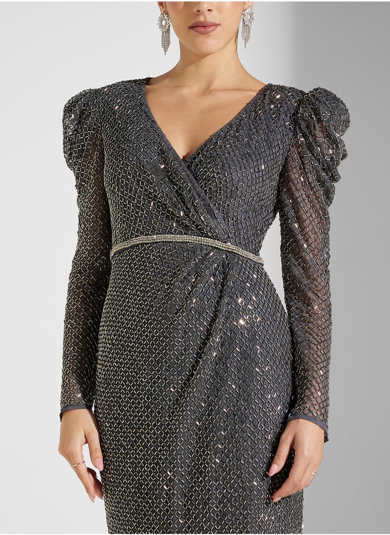 V-Neck Embellished Belted Dress
