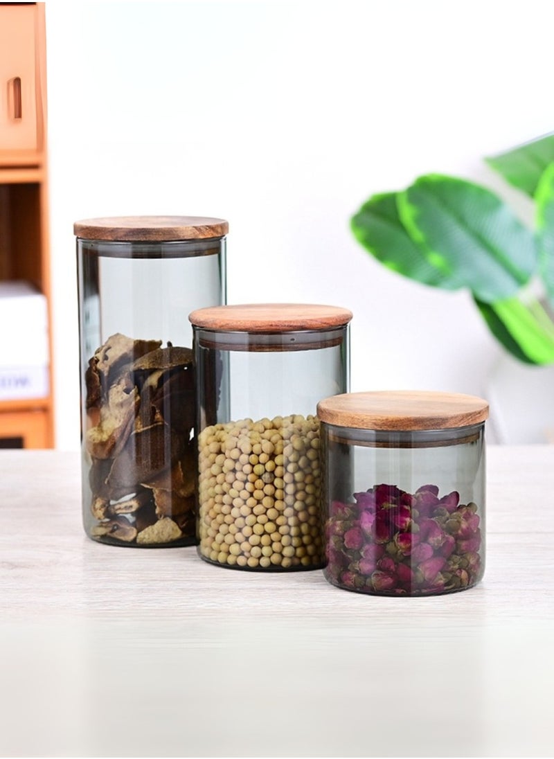 Borosilicate Glass Storage Jar Smoky Grey 1300 ML - (Set of 2) | Airtight Food Container with Acacia Wooden Lid | Durable & Stylish Kitchen Storage