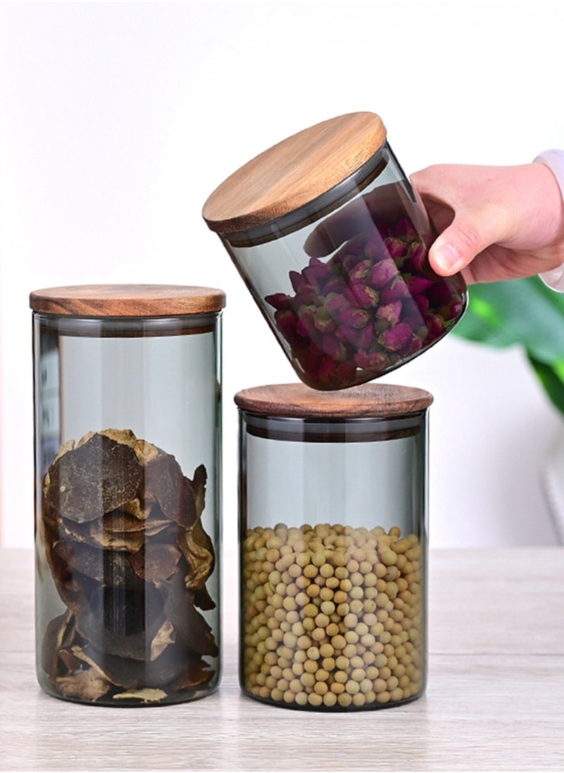 Borosilicate Glass Storage Jar Smoky Grey 1300 ML - (Set of 2) | Airtight Food Container with Acacia Wooden Lid | Durable & Stylish Kitchen Storage
