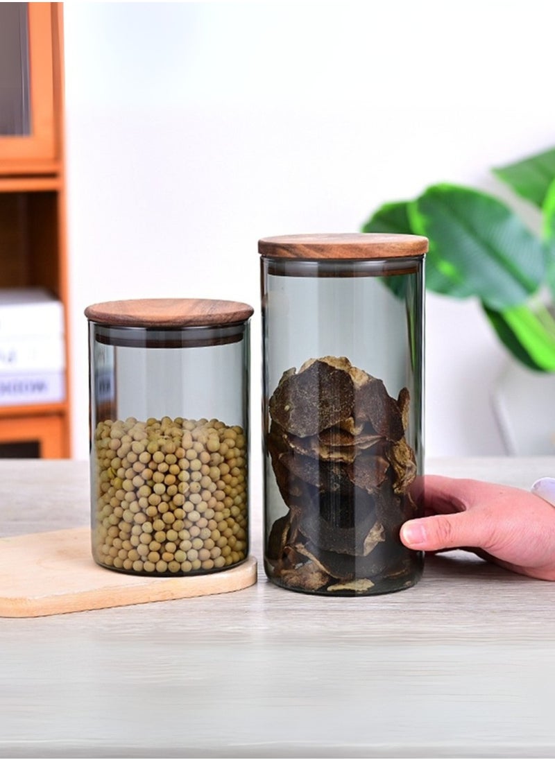 Borosilicate Glass Storage Jar Smoky Grey 1300 ML - (Set of 2) | Airtight Food Container with Acacia Wooden Lid | Durable & Stylish Kitchen Storage
