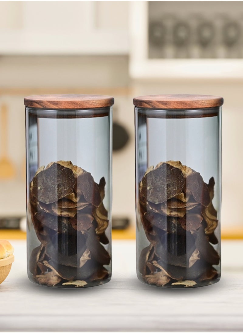 Borosilicate Glass Storage Jar Smoky Grey 1300 ML - (Set of 2) | Airtight Food Container with Acacia Wooden Lid | Durable & Stylish Kitchen Storage