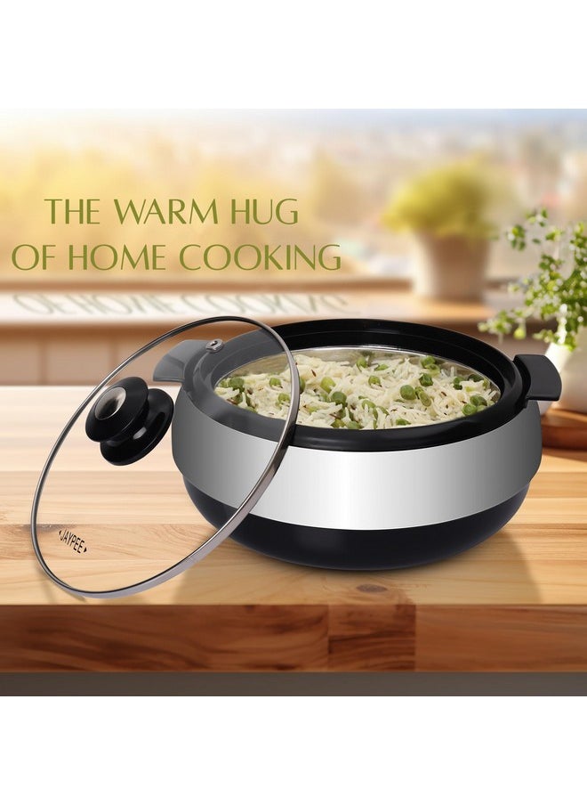 Jaypee Glasserol Serving Casserole Set Inner Stainless Steel Toughened Glass Lid PUF Insulated Hot Box |Roti Box| Easy to carry | Food Grade | Stackable, 1700 ml, Black