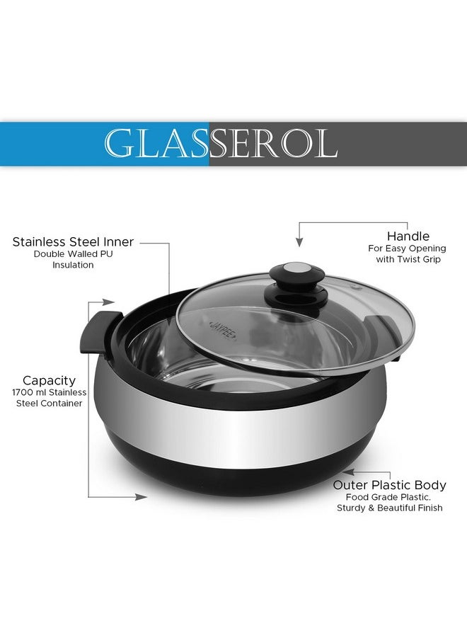 Jaypee Glasserol Serving Casserole Set Inner Stainless Steel Toughened Glass Lid PUF Insulated Hot Box |Roti Box| Easy to carry | Food Grade | Stackable, 1700 ml, Black