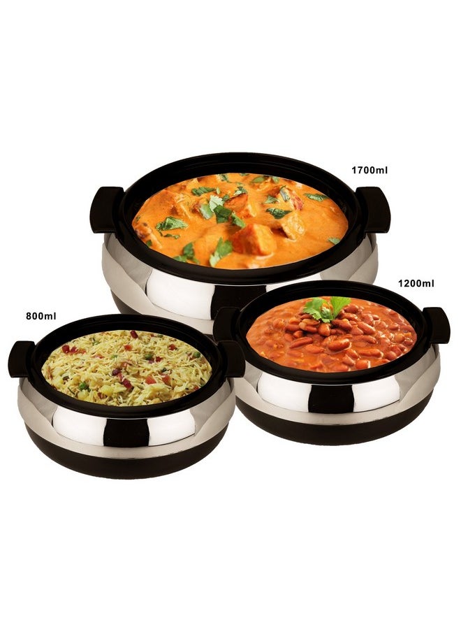 Jaypee Glasserol Serving Casserole Set of 3 Inner Stainless Steel Toughened Glass Lid PUF Insulated Hot Box |Roti Box| Easy to carry | Food Grade | Stackable | 800,1200,1700 ml, Black