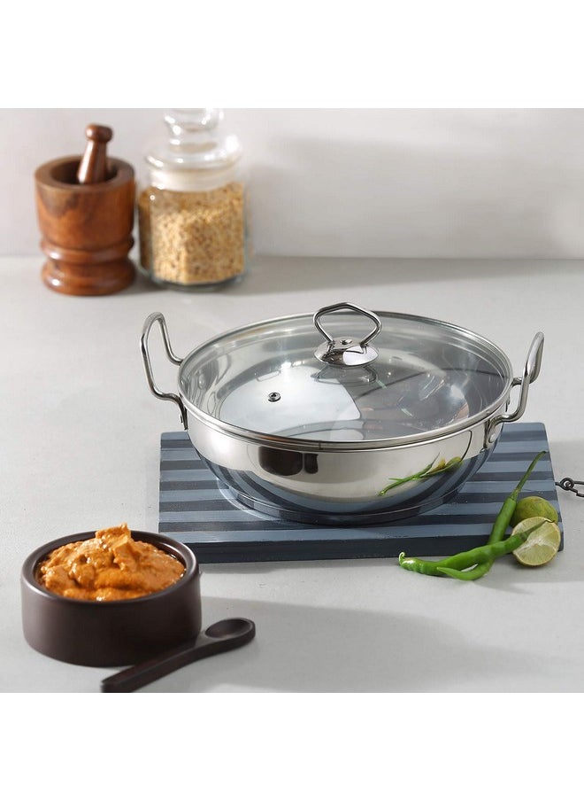 Vinod Stainless Steel Kadhai with Glass Lid - 1.4 Litre, 18cm | Extra Thick, SAS Heavy Bottom | Kadai for Cooking | Induction and Gas Base | 2 Year Warranty - Silver