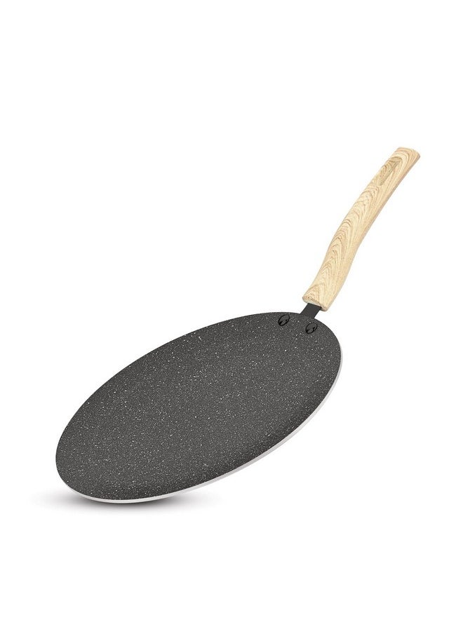 BERGNER Earth Black Non-Stick 26 cm Concave Tawa, Wooden Finish Soft Touch Handle, 3mm Thickness, Consumes Less Oil, Even Heat Distribution, White Marble Splatter, Induction Bottom and Gas Ready