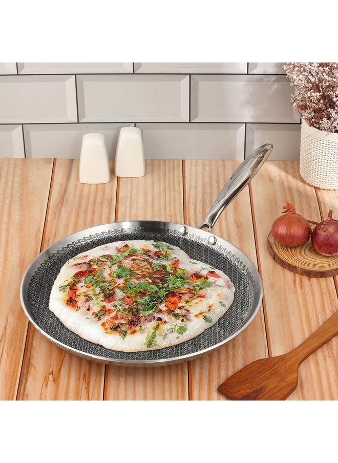 Vinod SAS Pro Platinum Triply Stainless Steel Dosa Tawa - 28 cm | 4.0 mm Thick | Hexa Design | Metal Spoon Friendly | Riveted Handle | Gas, Induction Base | 5-Year Warranty