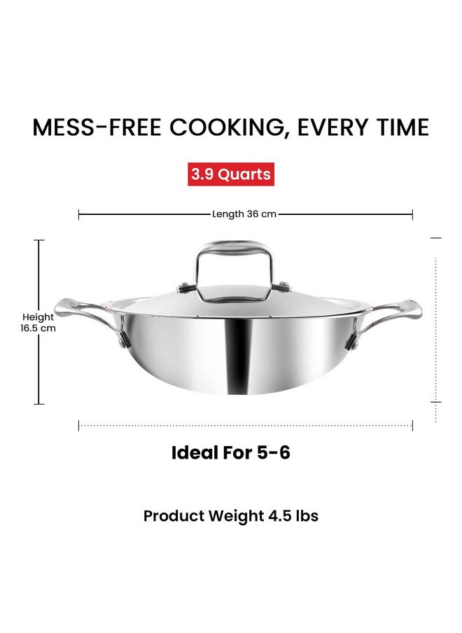 Vinod Platinum Triply Stainless Steel Kadai with Lid (26cm, 3.7L) | 2.5 mm Thick | Triply Kadai with Heavy Bottom | Induction Friendly Triply Stainless Steel Cookware Kadhai | 5 Year Warranty