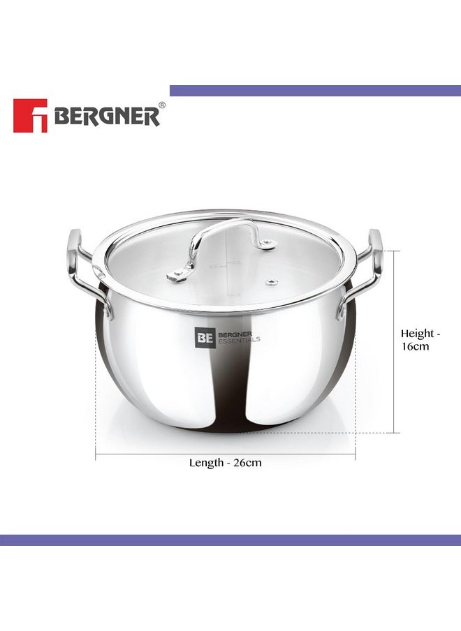 Bergner BE Bergner Essentials Tri-Ply Stainless Steel 20cm Rice Handi with Lid, Large Rice Handi, Even Heat Distribution, Easy to Clean, Induction & Gas Stove Friendly, Silver, 5-Year Warranty