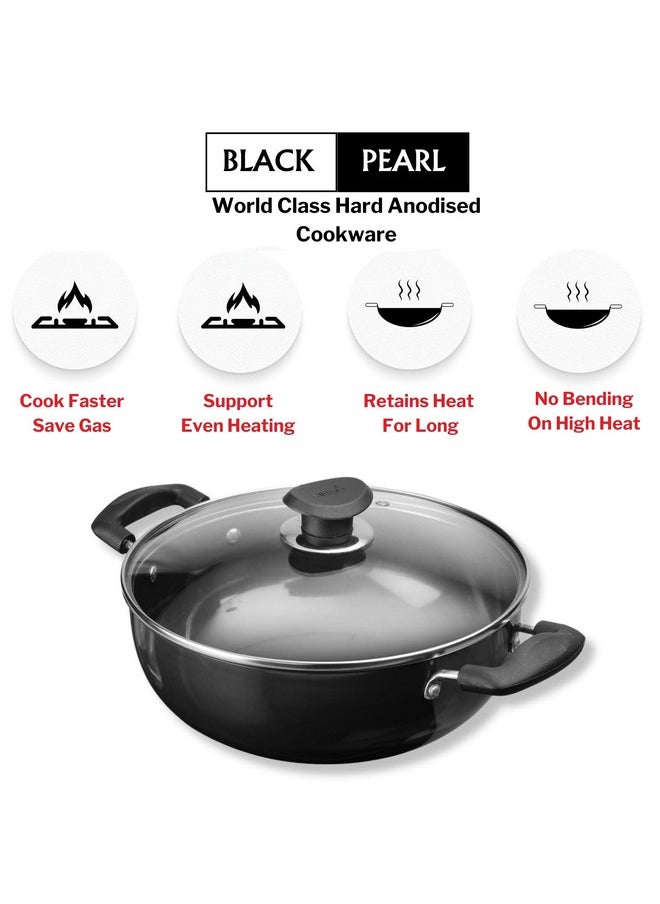 Vinod Black Pearl Hard Anodised Non Stick Deep Kadhai with Glass Lid - 5.5 LTR, 28 cm | 3.25mm Thickness | kadai for Cooking | Metal Spoon Friendly | 2 Year Warranty