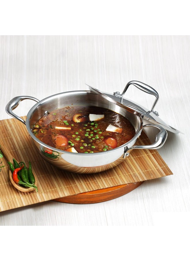 Vinod Platinum Triply Stainless Steel Extra Deep Kadai with Stainless Steel Lid 1.5 litres Capacity (20 cm Diameter) | 20 cm Triply Stainless Steel Kadai, Silver (Induction and Gas Stove Friendly)